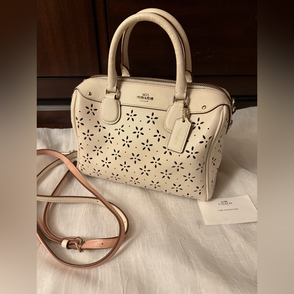 Coach Mini Bennett Satchel Ivory Laser Cut Leather Crossbody Duffle Bag F37619